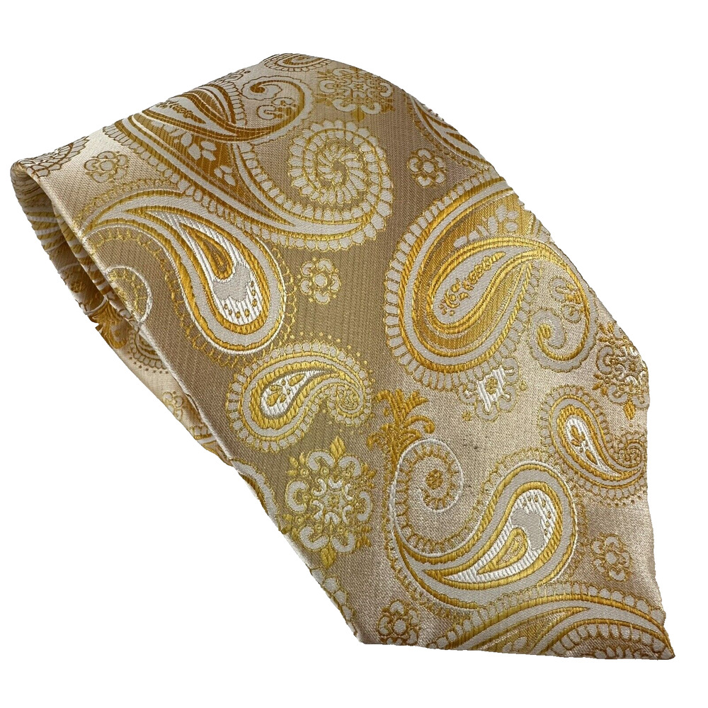 Tessori Milan Italy Handmade Men's Neck Tie Polyester Paisley Peach&White